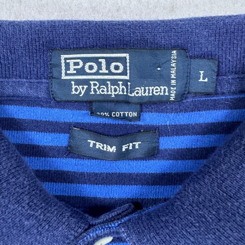 Polo Ralph Lauren Mens Trim Fit Striped‎ Polo Shirt Blue Red Pony Large L - Picture 4 of 7
